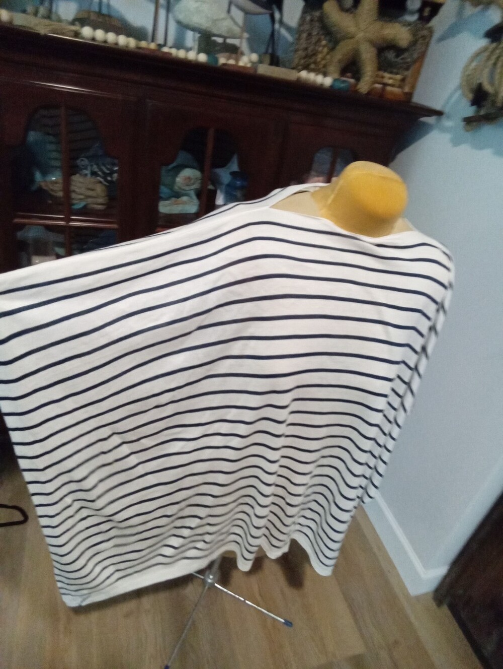 Chaps OS (L/XL) Navy Blue & White Striped Knit Poncho Sweater Pullover Cape